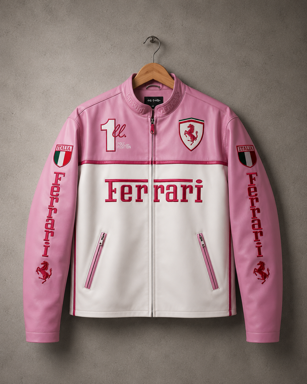 Ferrari F1 Pink Leather Jacket – Unisex Fit | High-Performance Outerwear