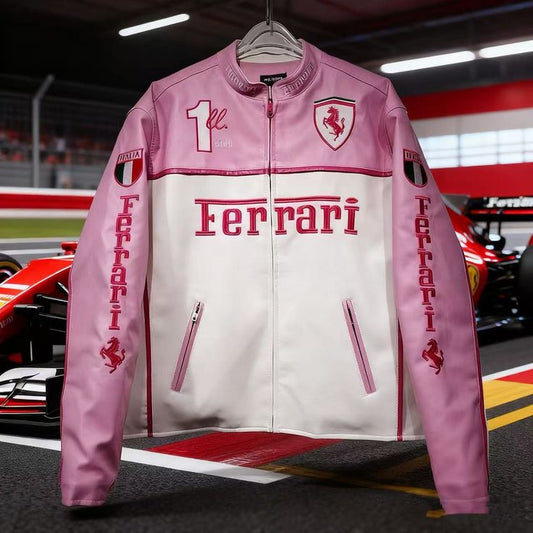 Ferrari F1 Pink Leather Jacket – Unisex Fit | High-Performance Outerwear